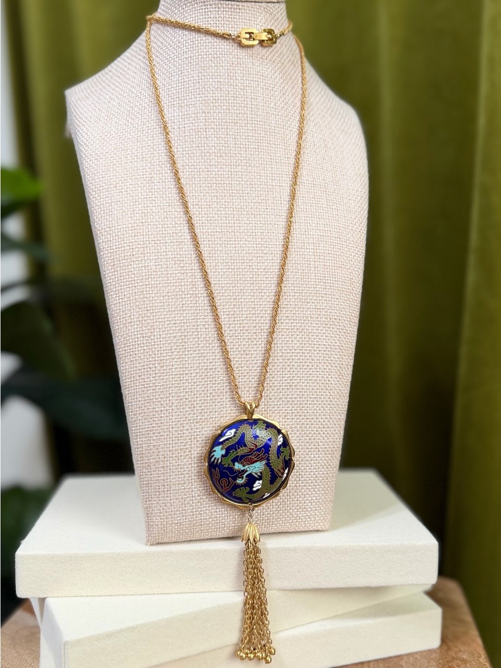 Givenchy RARE Gold-Tone Blue Dragon Enamel Pendant Necklace Cloisonné - Picture 5 of 5